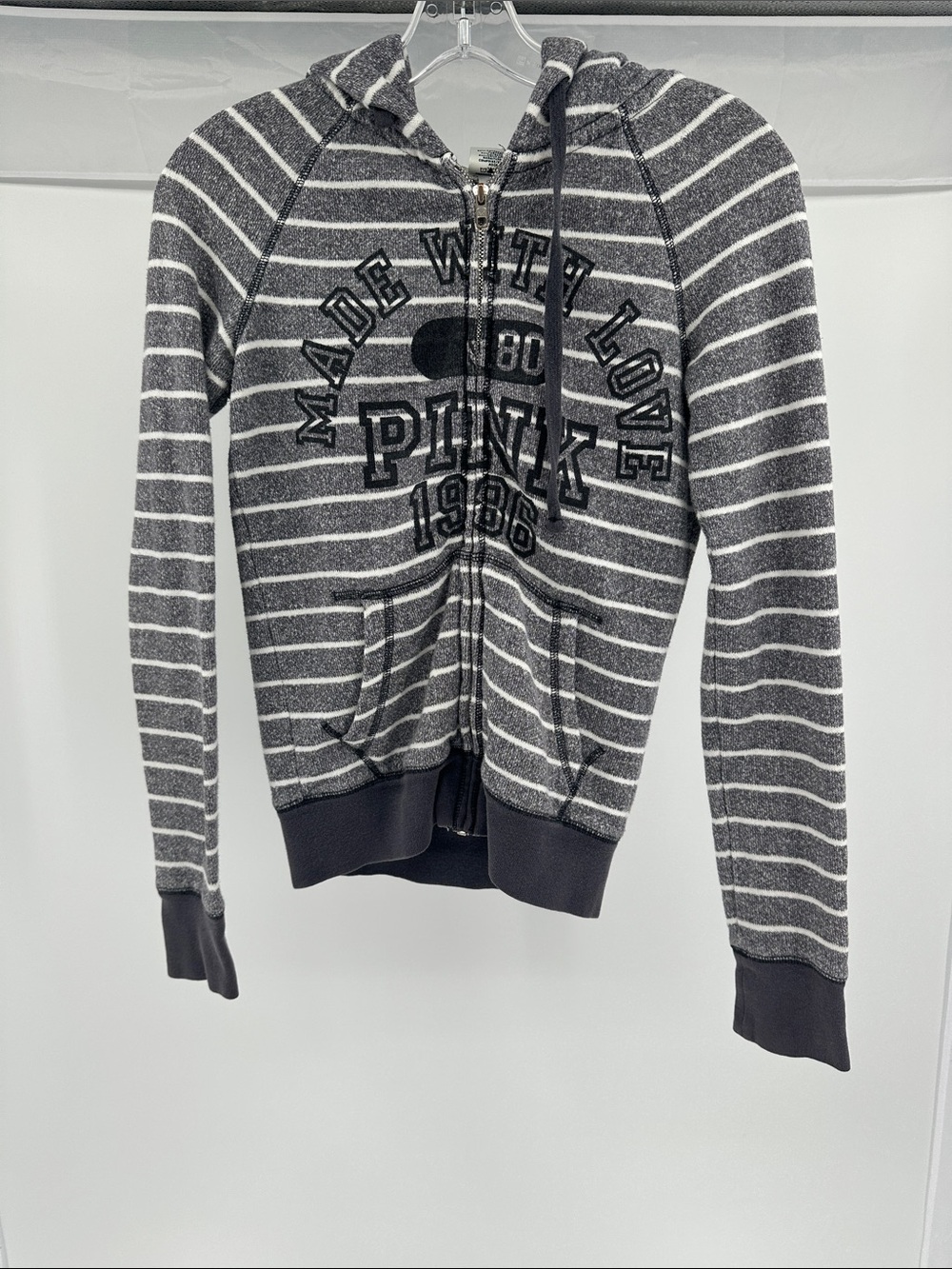 PINK Victoria's Secret Charcoal Gray & White Striped Zip-Up Hoodie